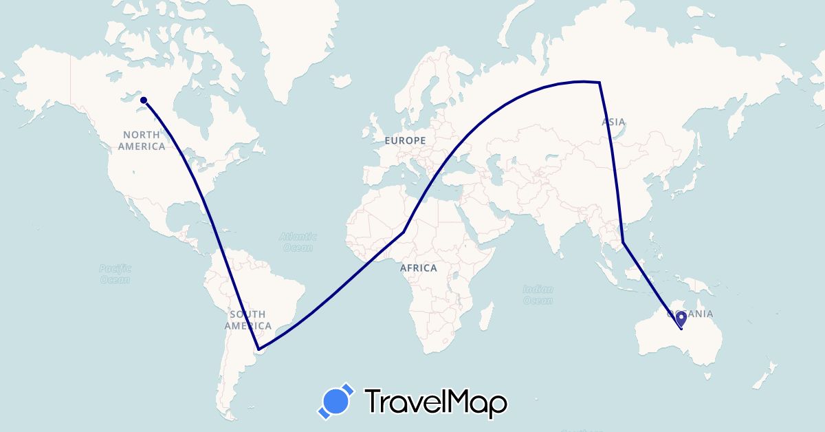 TravelMap itinerary: driving in Australia, Canada, Niger, Russia, Uruguay, Vietnam (Africa, Asia, Europe, North America, Oceania, South America)